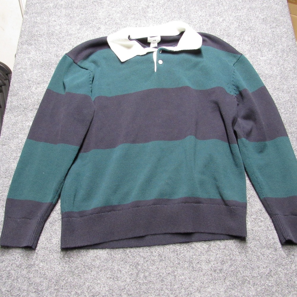 HM Mens Relaxed Fit Rugby Sweater Green Navy Blue Striped Knit Size M